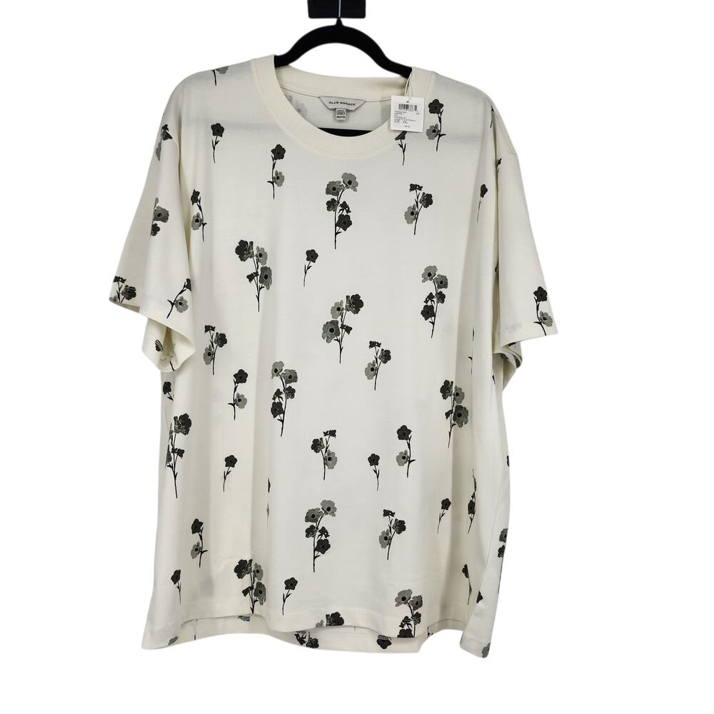 NWT Club Monaco White Linear Floral Crew Neck Short Sleeve Cotton Tee Size 2XL